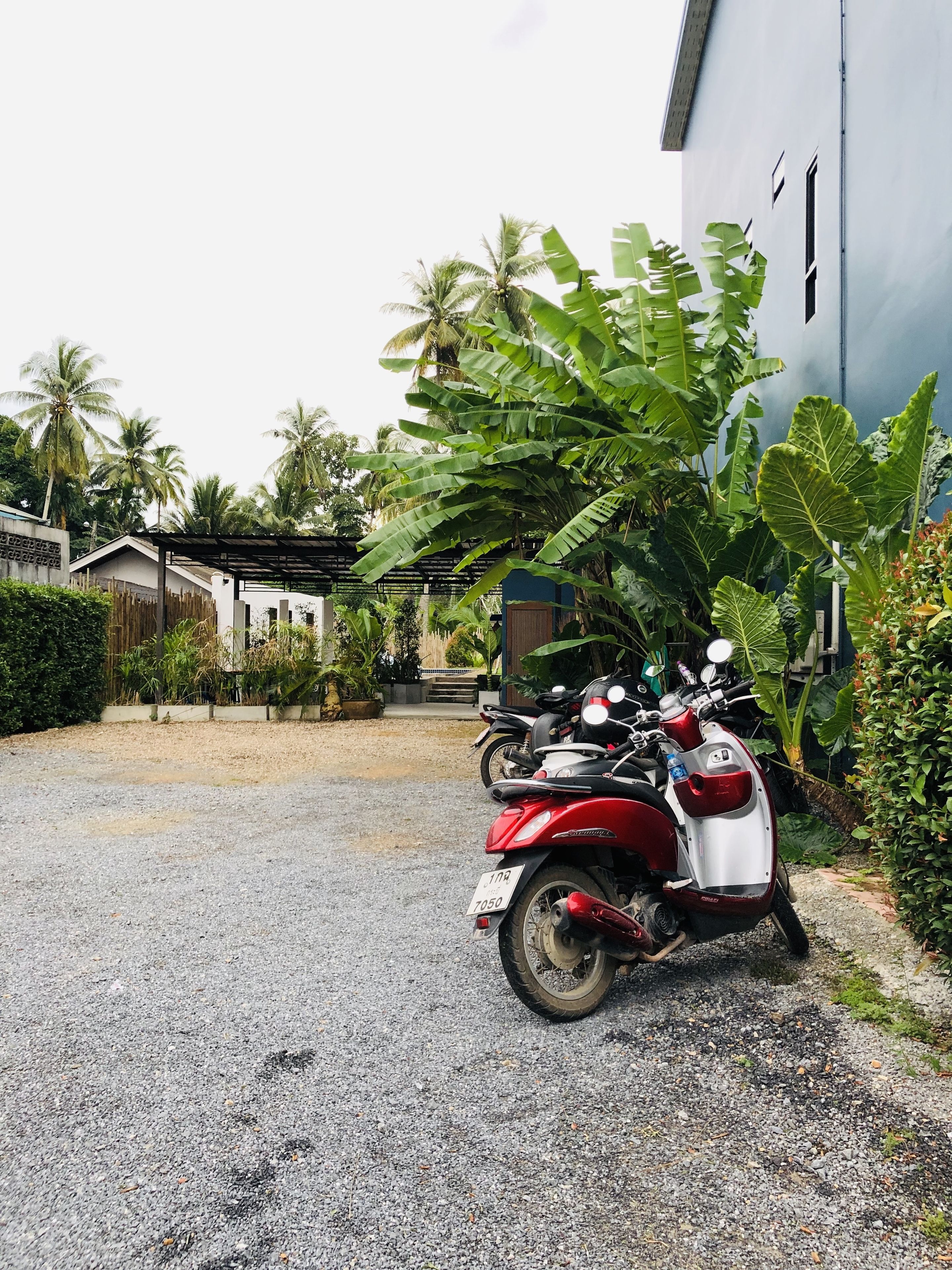 A gravel driveway leading to a house with a parked scooter.