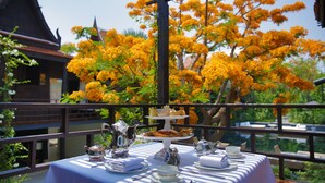 Mesa posta com serviço de chá e doces, com vista para um edifício tradicional e uma árvore com flores amarelas.