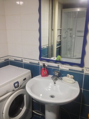 A bathroom with a washing machine, a sink, and a mirror.