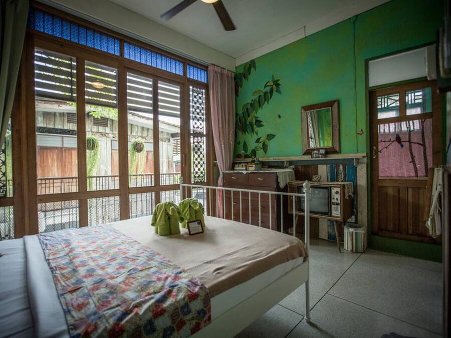 A room with a bed, a desk with a television, and a green wall with a plant mural.