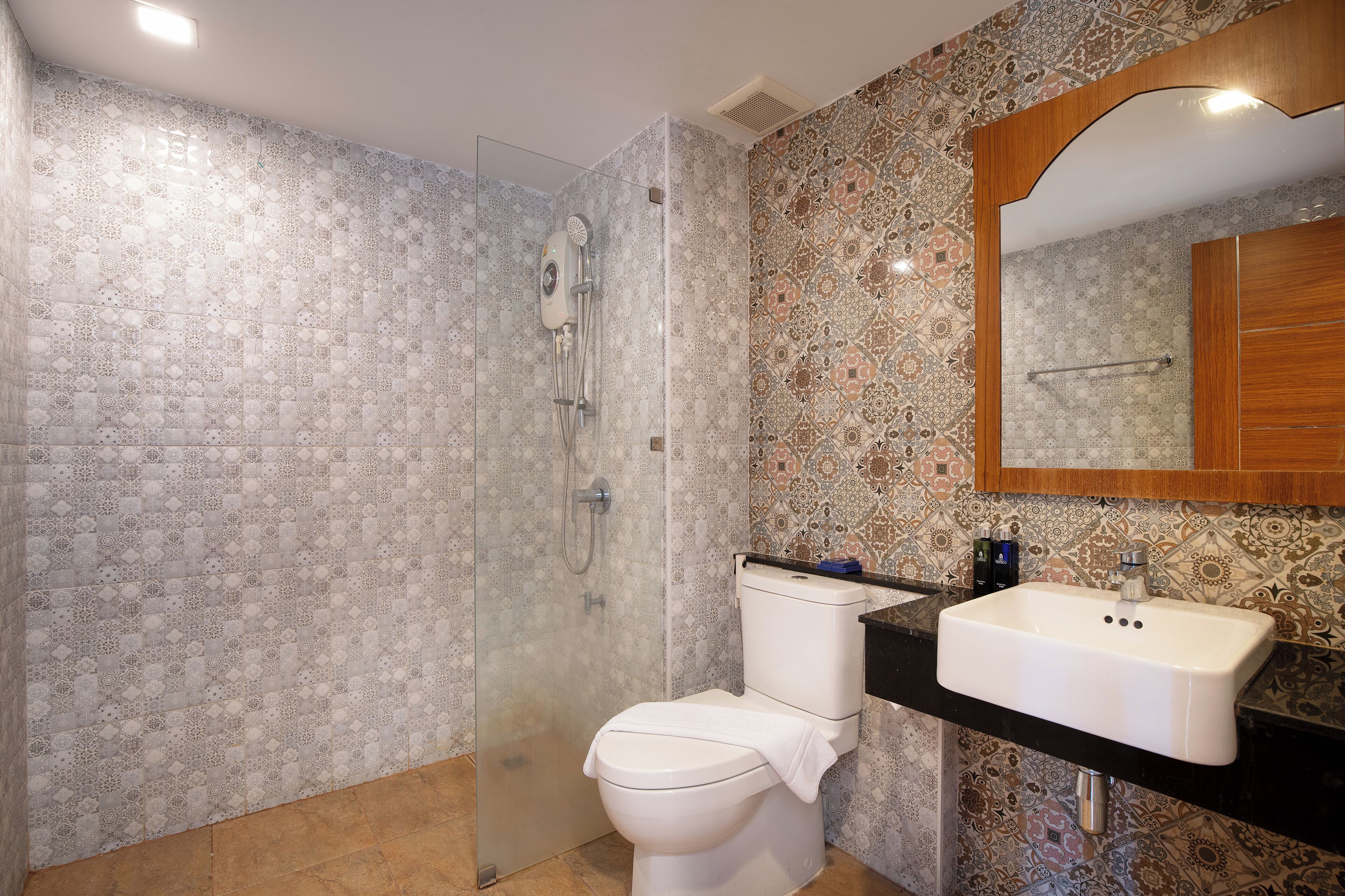 shower, free toiletries, hair dryer, towels