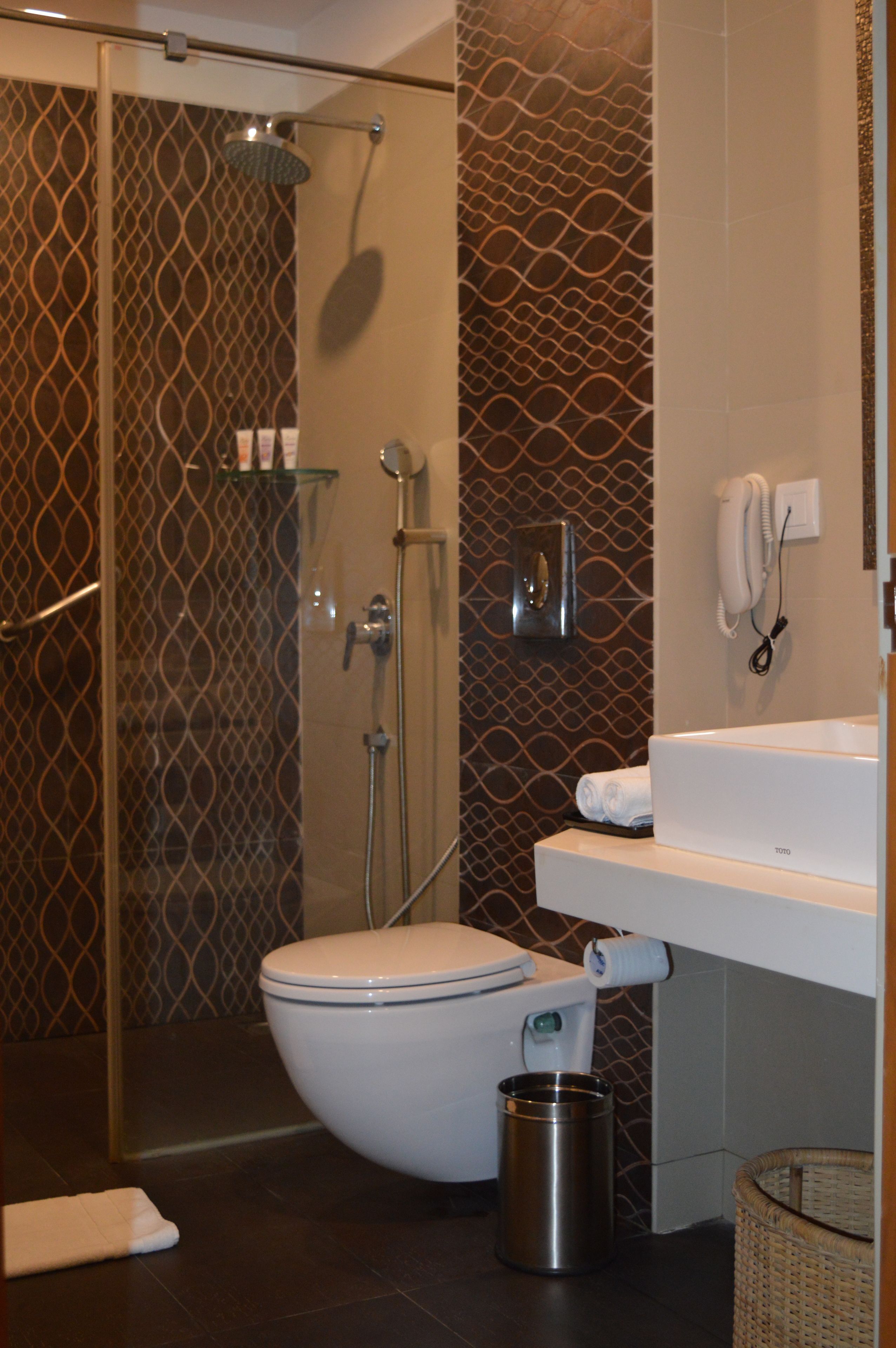 A modern bathroom with a glass-enclosed shower, a toilet, a sink, and a trash can.
