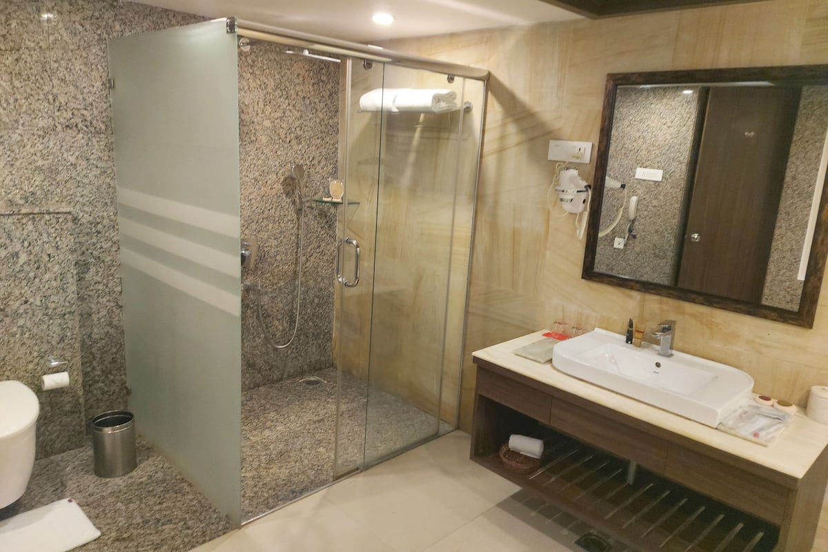 shower, rainfall showerhead, free toiletries, hair dryer