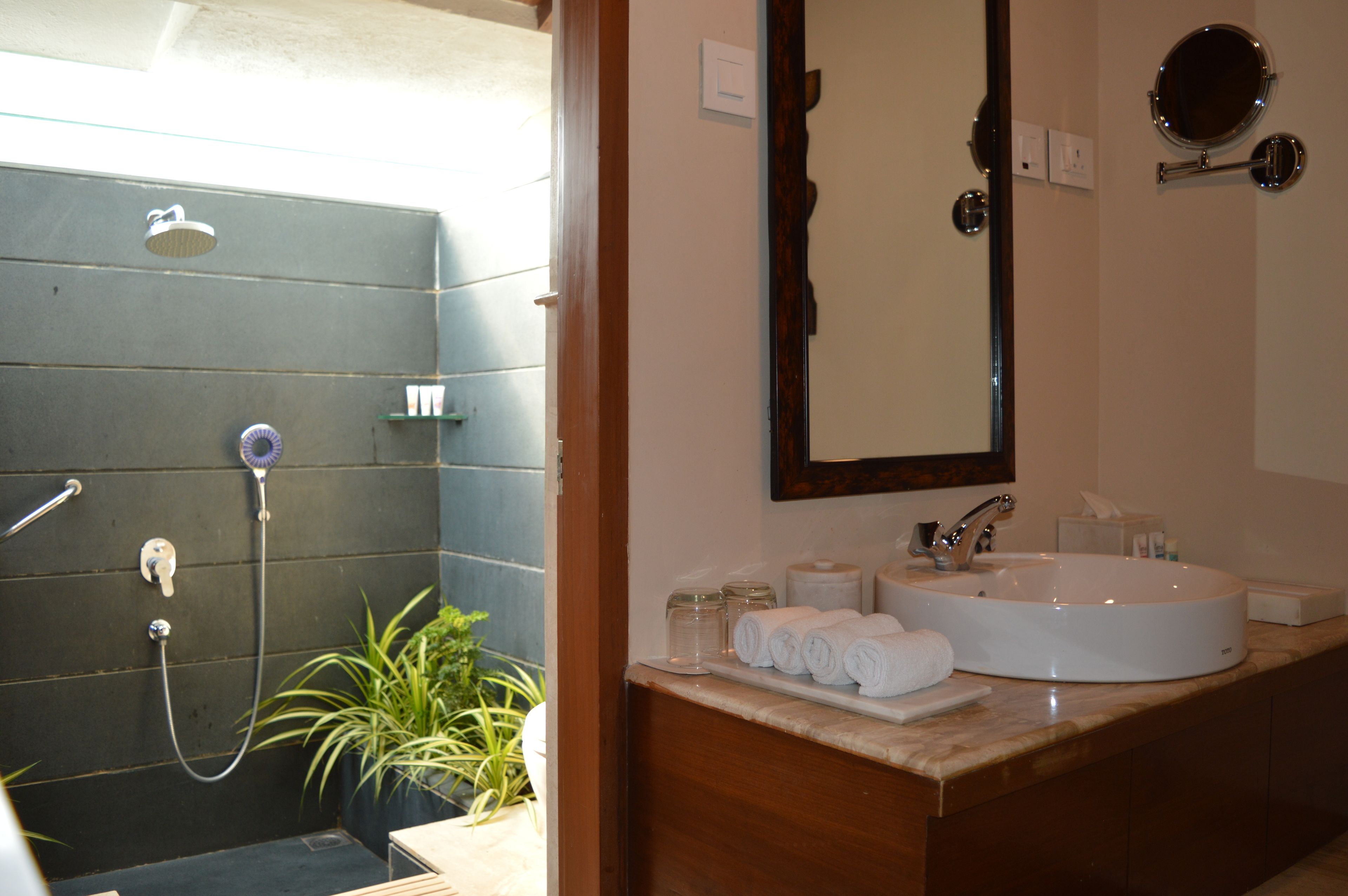 A bathroom with a shower, a sink, and a mirror.
