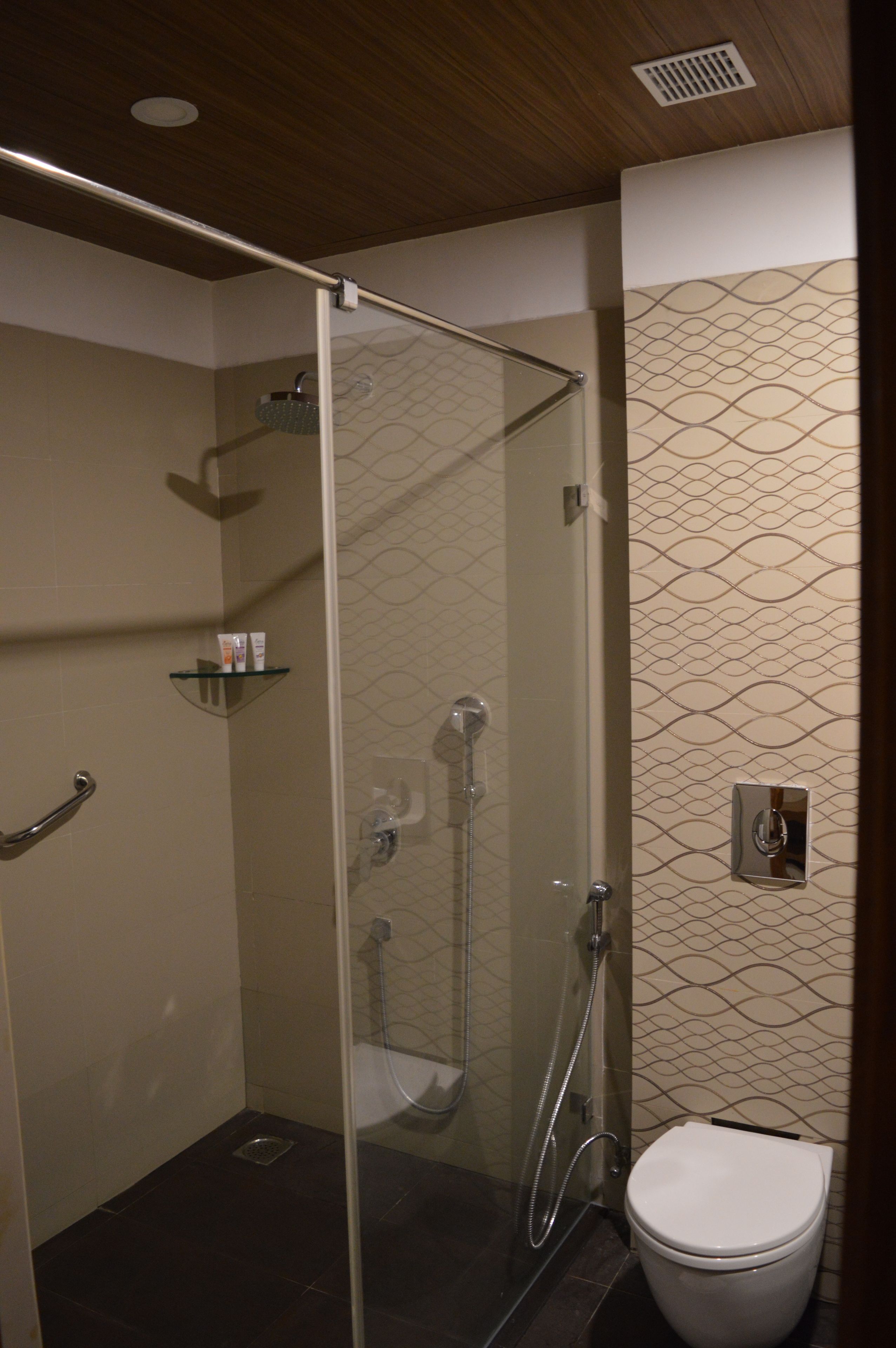 Ein modernes Badezimmer mit einer gläsernen Duschkabine, einer Toilette und einem Ablagefach für Toilettenartikel.