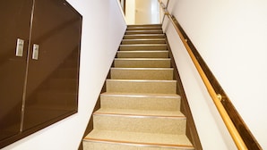 Un escalier recouvert de moquette, doté d’une main courante, qui mène à une porte située en haut.