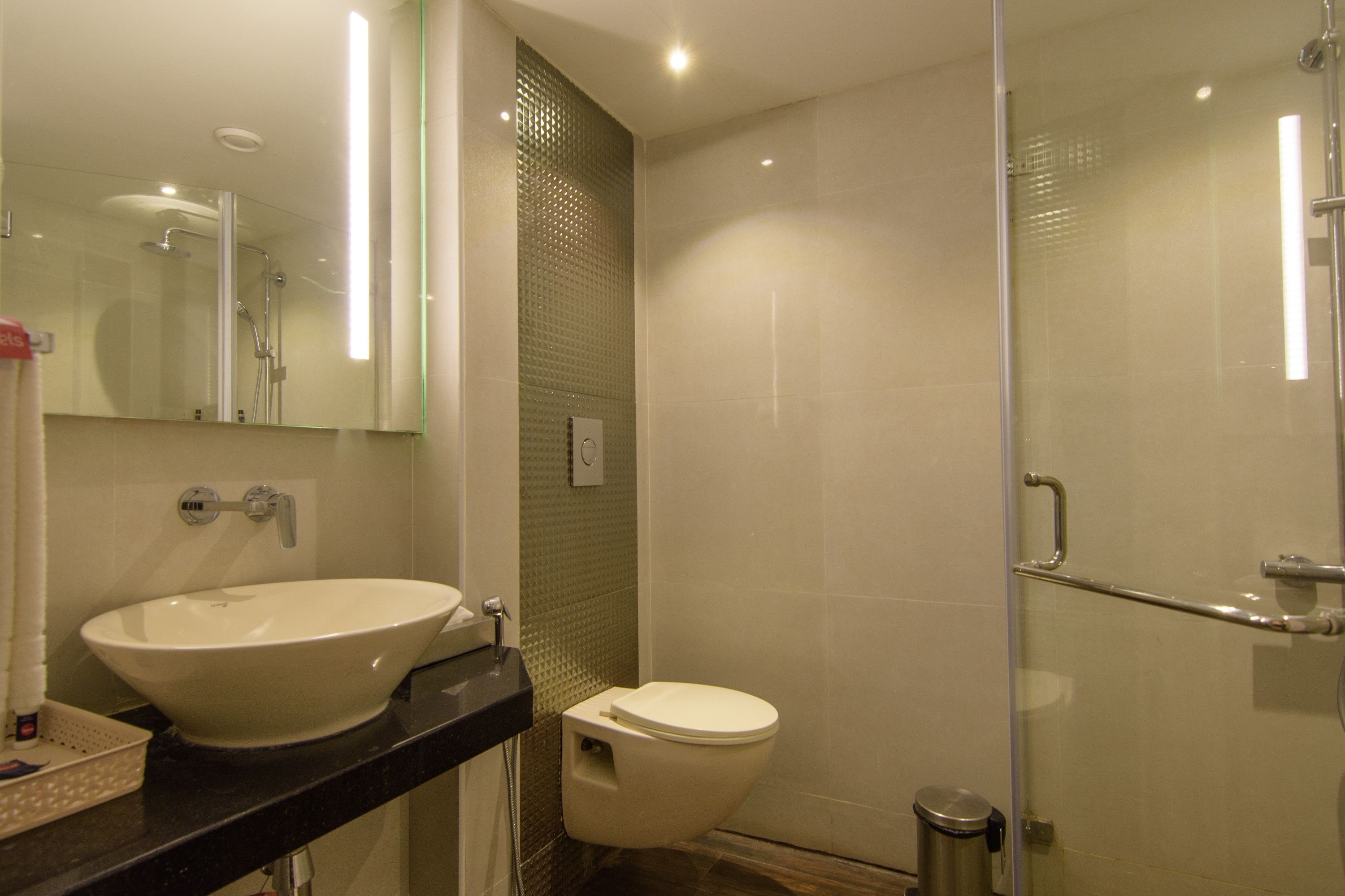 A modern bathroom with a large white sink, a toilet, and a glass-enclosed shower area.