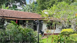 Une maison avec un toit en tuiles, entourée d’une végétation luxuriante et bordée d’un chemin de jardin.