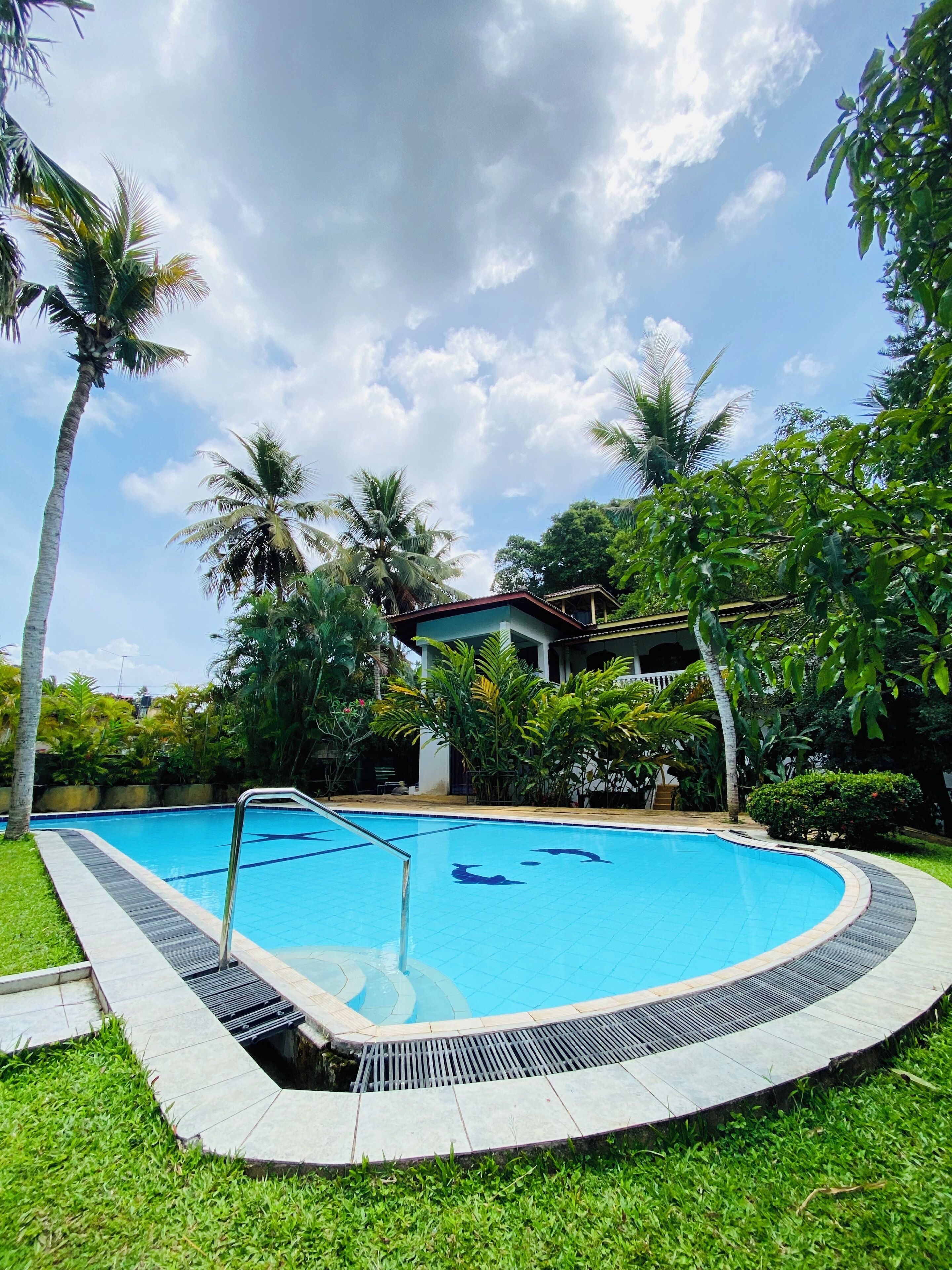 Ein Swimmingpool, umgeben von üppigem Grün, mit einem Haus im Hintergrund.