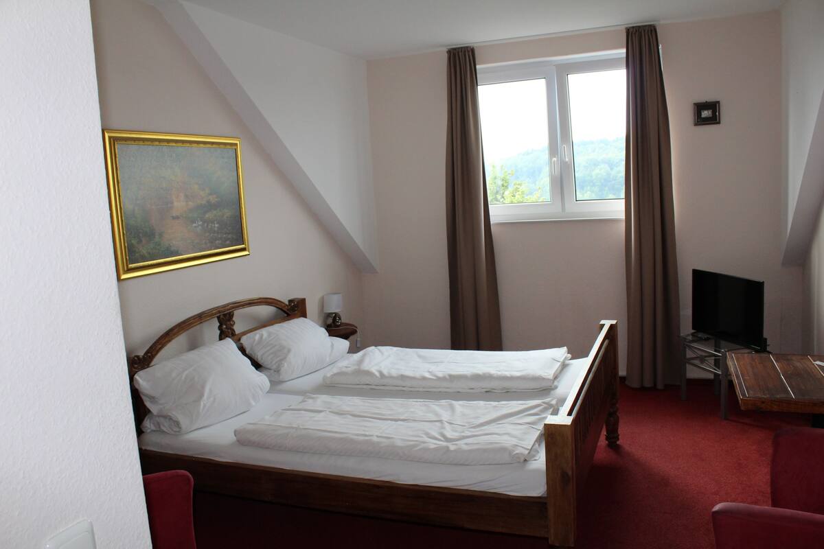 A bedroom with a wooden bed, a TV, a small table, and a window with curtains.