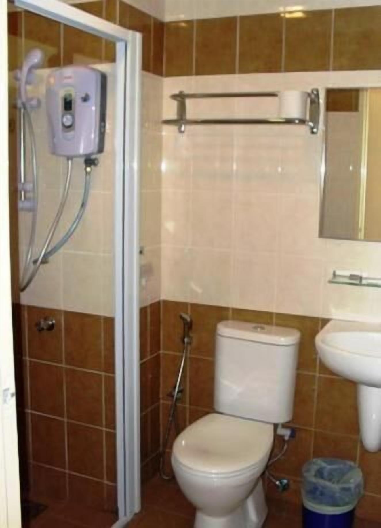 Une salle de bain avec des toilettes, un lavabo et une douche.