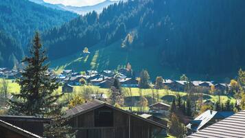 Un pueblo rural con casas de madera, un granero y montañas al fondo.