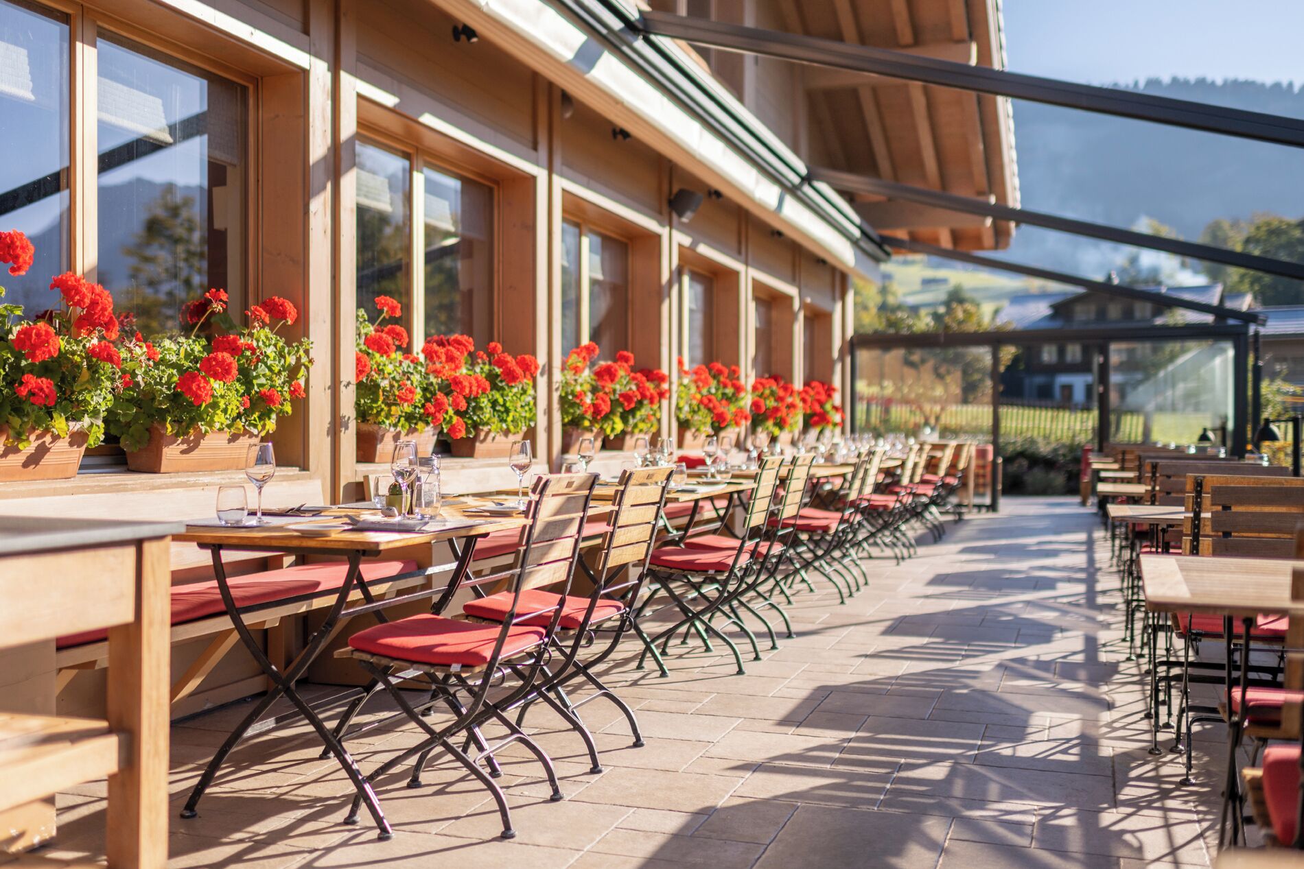 An outdoor café with rows of tables and chairs, potted red flowers, and a view of the surrounding landscape.