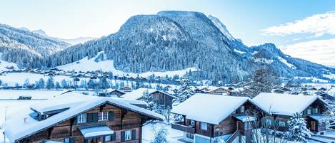 A snowy mountain village with wooden cabins and a prominent mountain in the background.