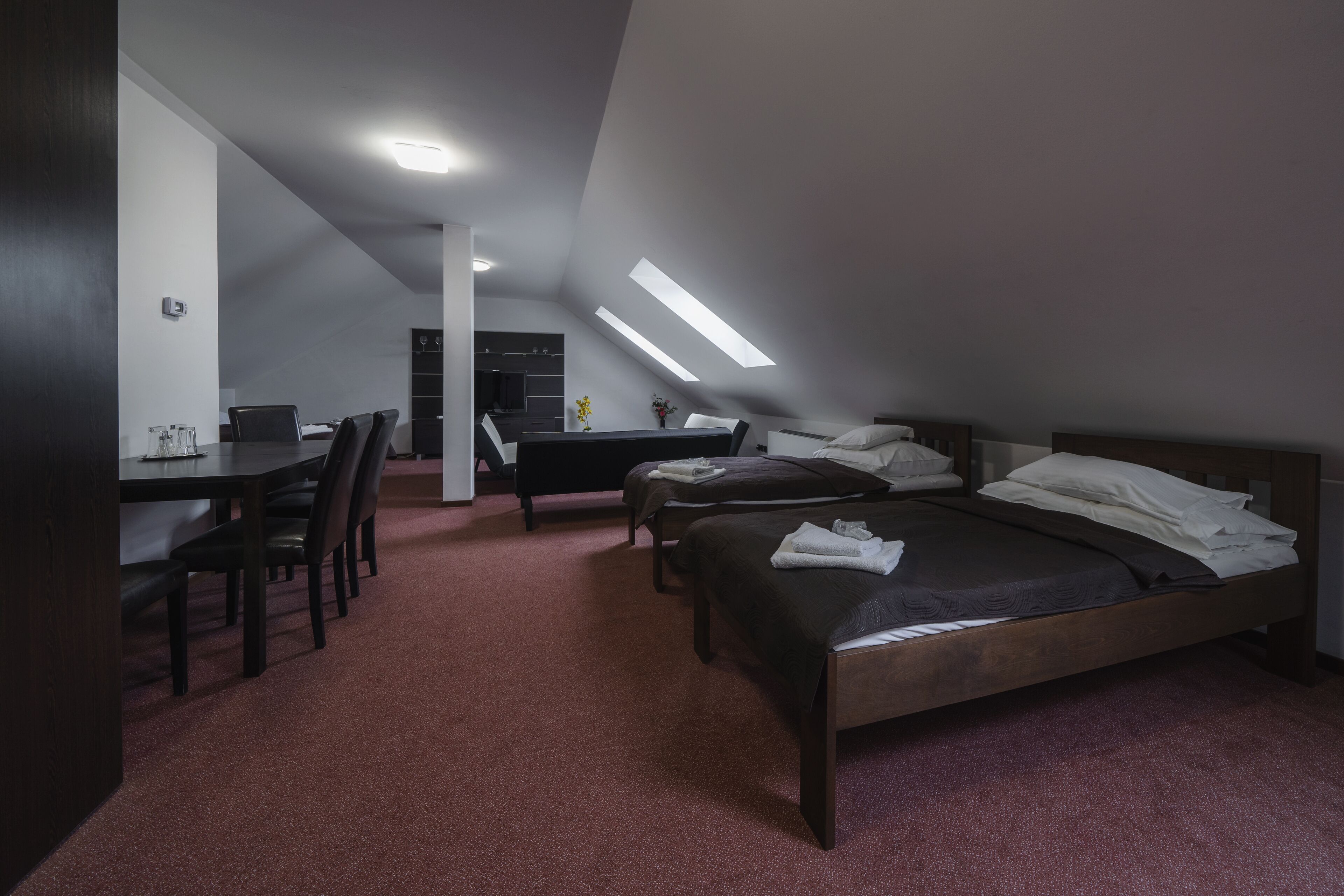 Un dormitorio moderno con techo estilo loft, un escritorio y dos camas.