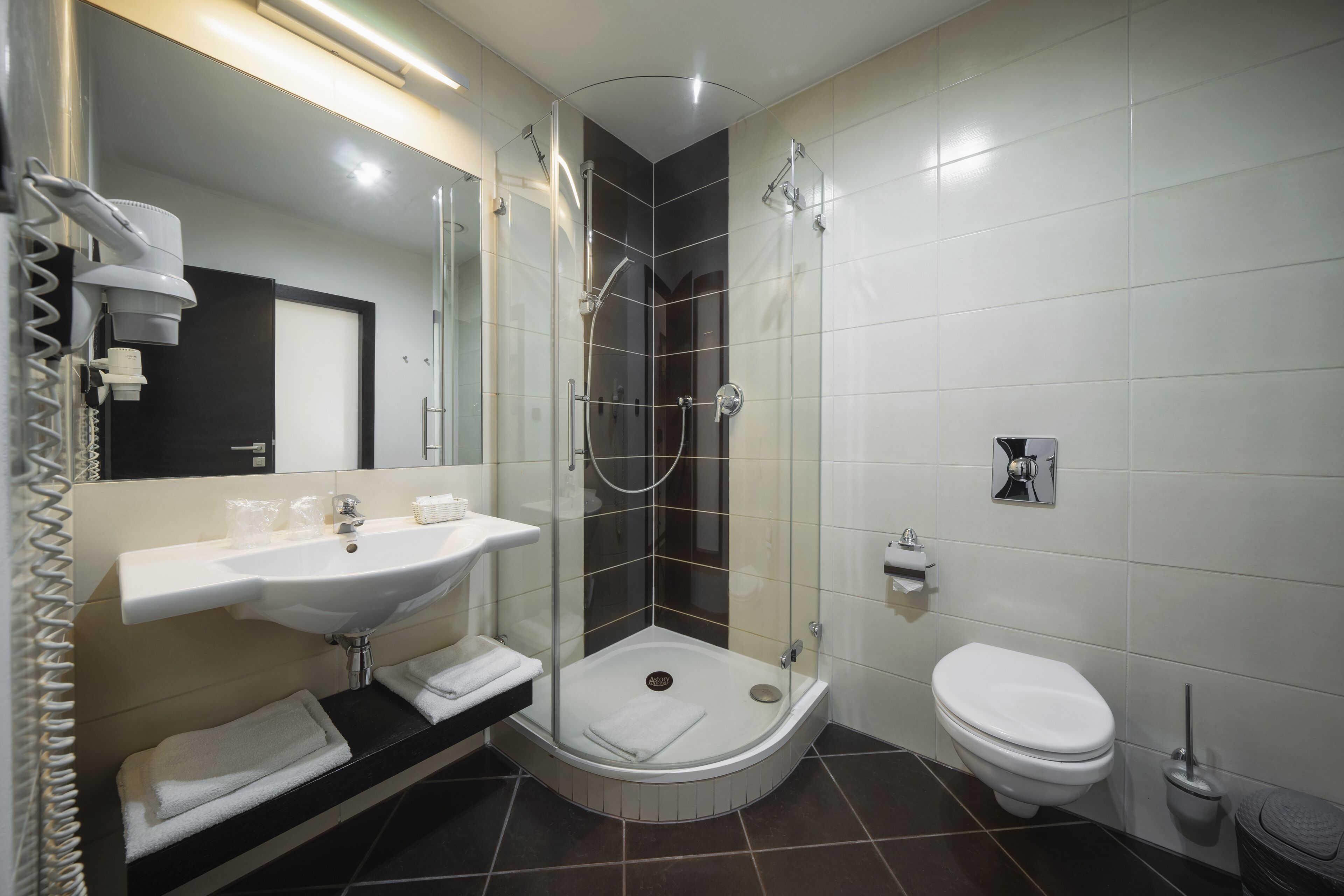 Un baño moderno con ducha de vidrio, un lavamanos blanco y un inodoro.
