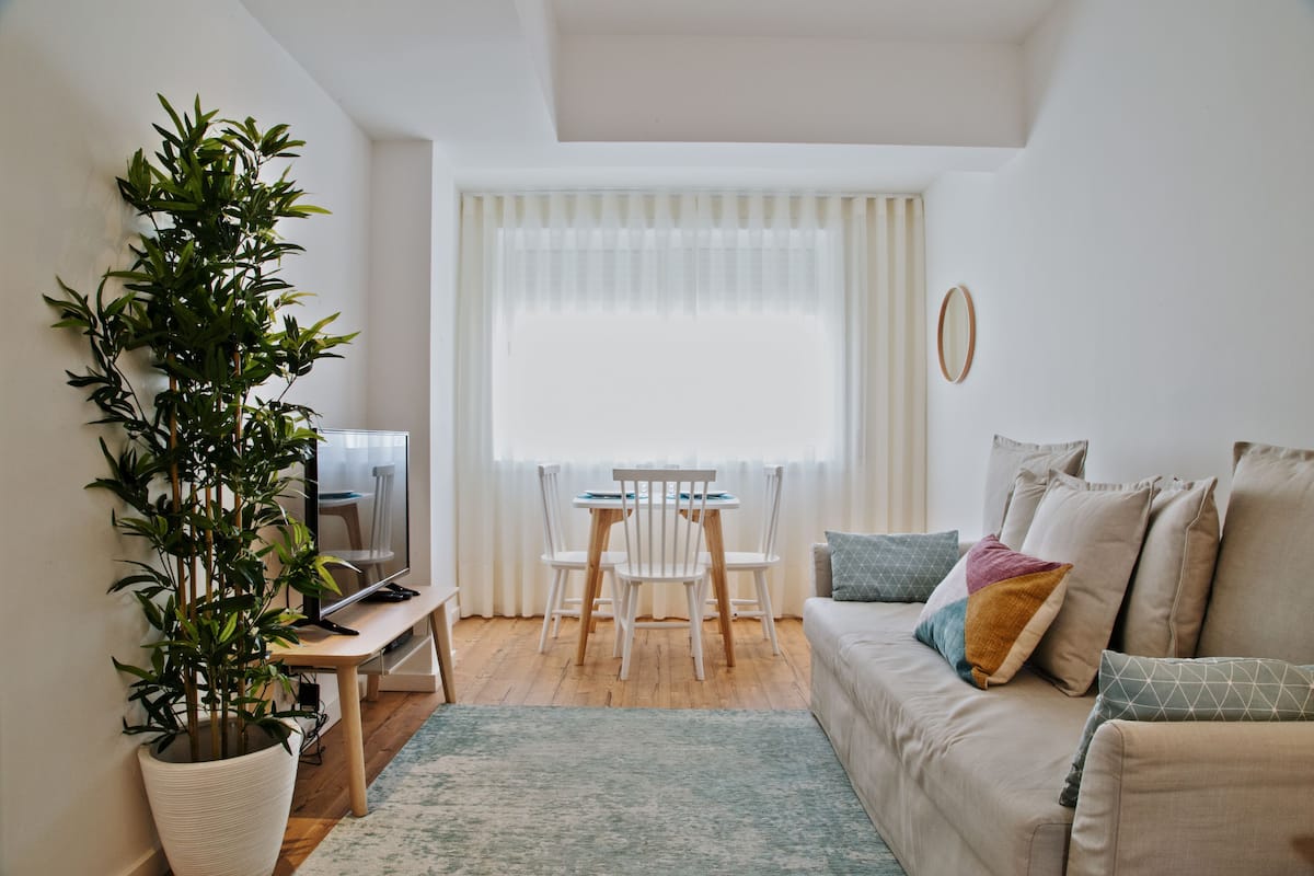 A living room with a sofa, a coffee table, a dining table with chairs, a potted plant, and a television.