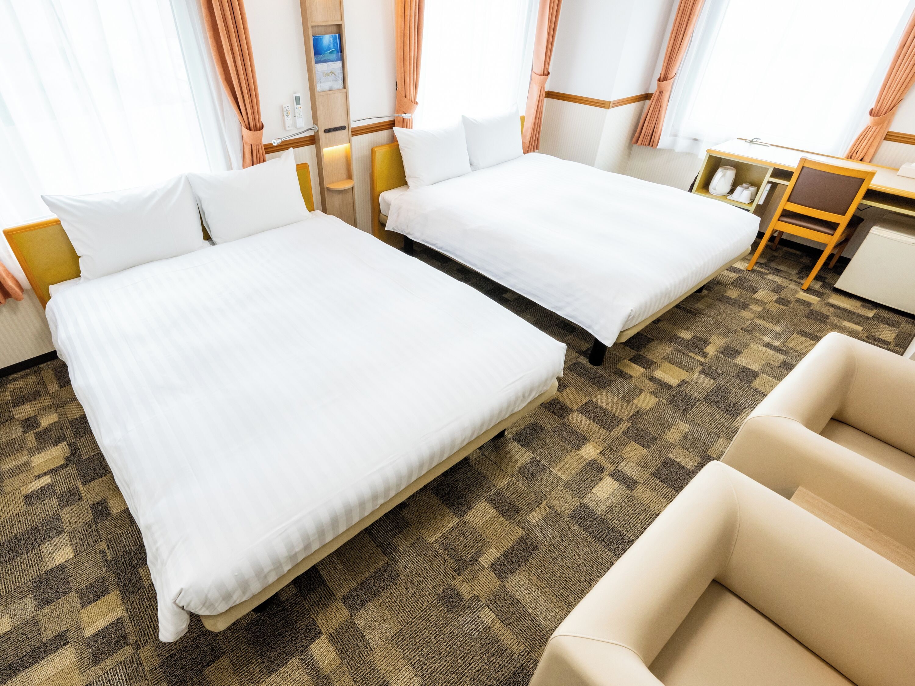 desk, blackout curtains, free wifi, bed sheets