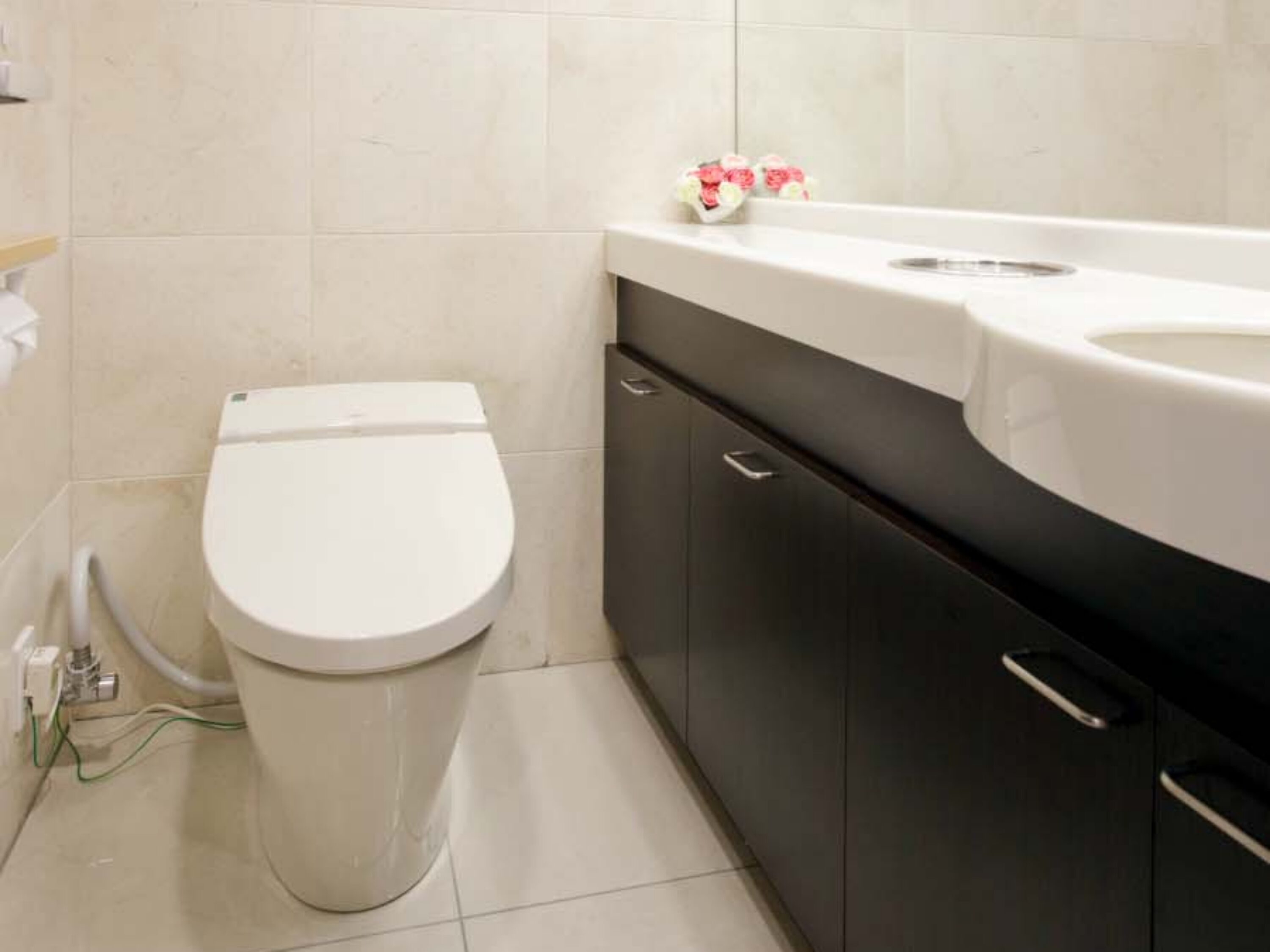 A modern bathroom with a toilet, a sink, and dark cabinets.