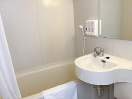 Combined shower/tub, slippers, electronic bidet, towels