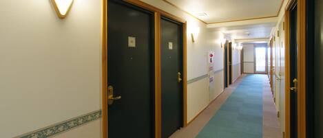 A hotel corridor with doors, carpeted floors, and a light fixture on the ceiling.