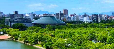 Un paisaje urbano con un edificio destacado de techo verde, un río y un parque con árboles.