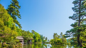 Un cadre paisible au bord d’un lac, avec des constructions traditionnelles en bois, entouré d’une végétation luxuriante et de grands arbres.