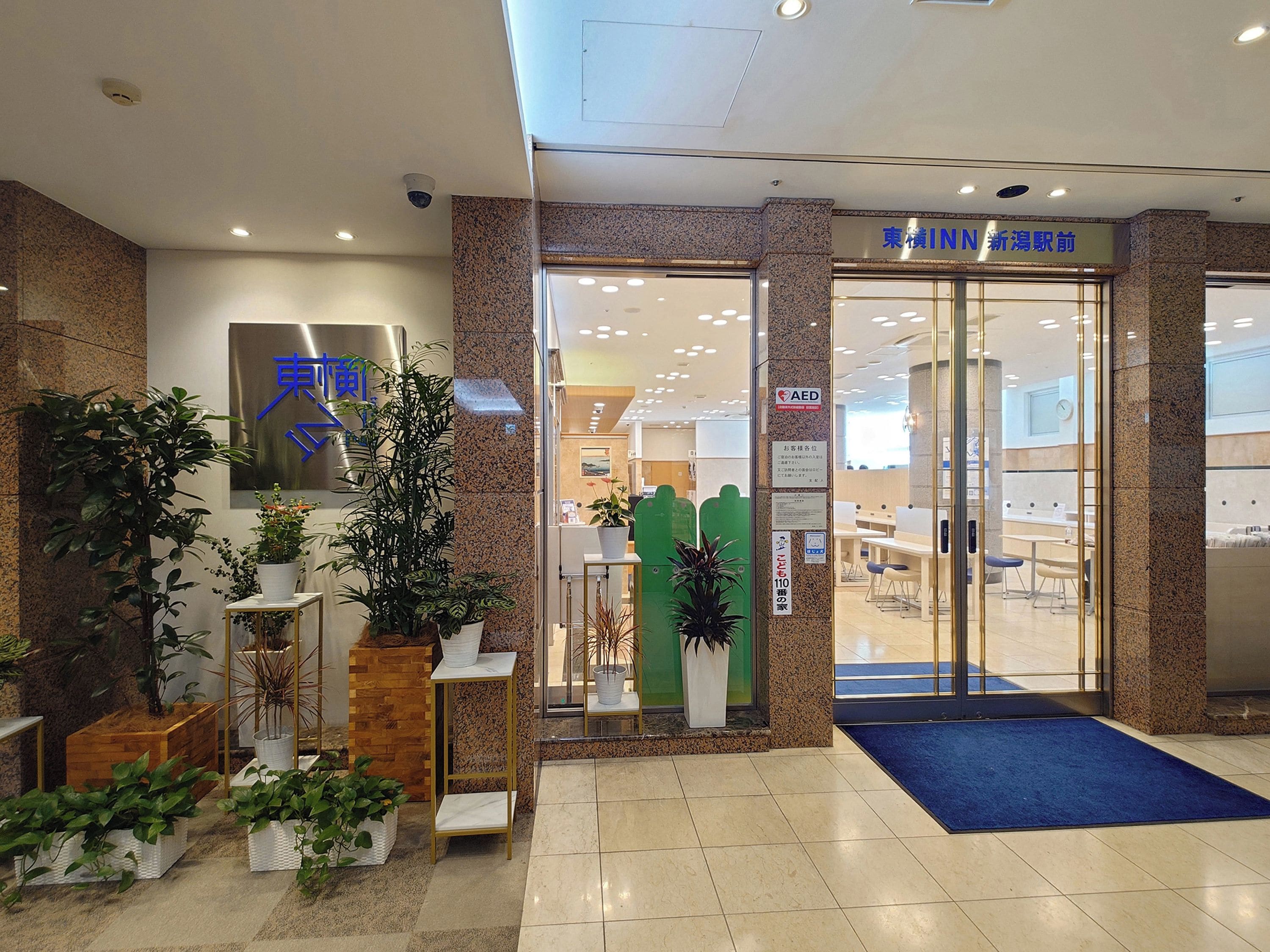 Un espace d’accueil avec un tapis bleu, des plantes en pot et un panneau indiquant l’emplacement d’un défibrillateur automatisé externe (DAE).