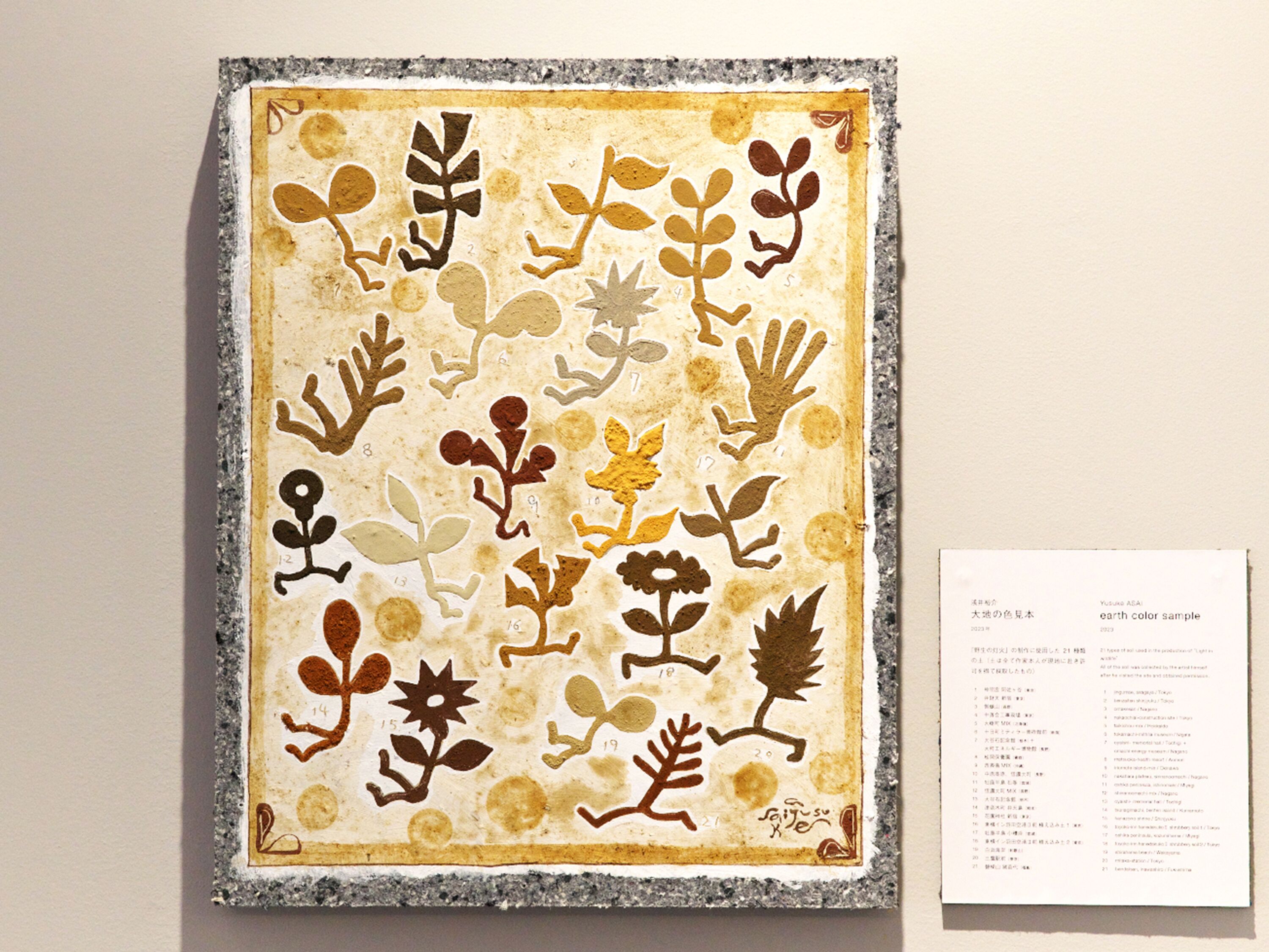 A framed artwork with abstract plant designs, a signature, and a label with text.
