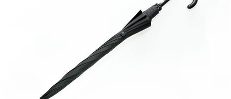 A black umbrella with a curved handle.