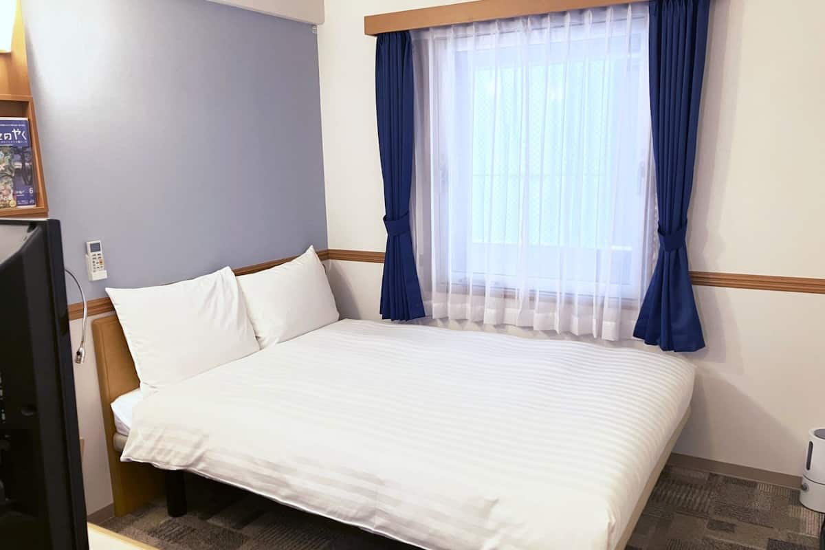 A hotel room with a bed, a television, a window with curtains, and a carpeted floor.