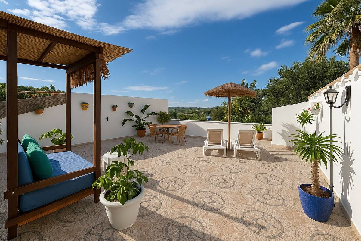A rooftop terrace with a wooden pergola, lounge chairs, a table, and potted plants.