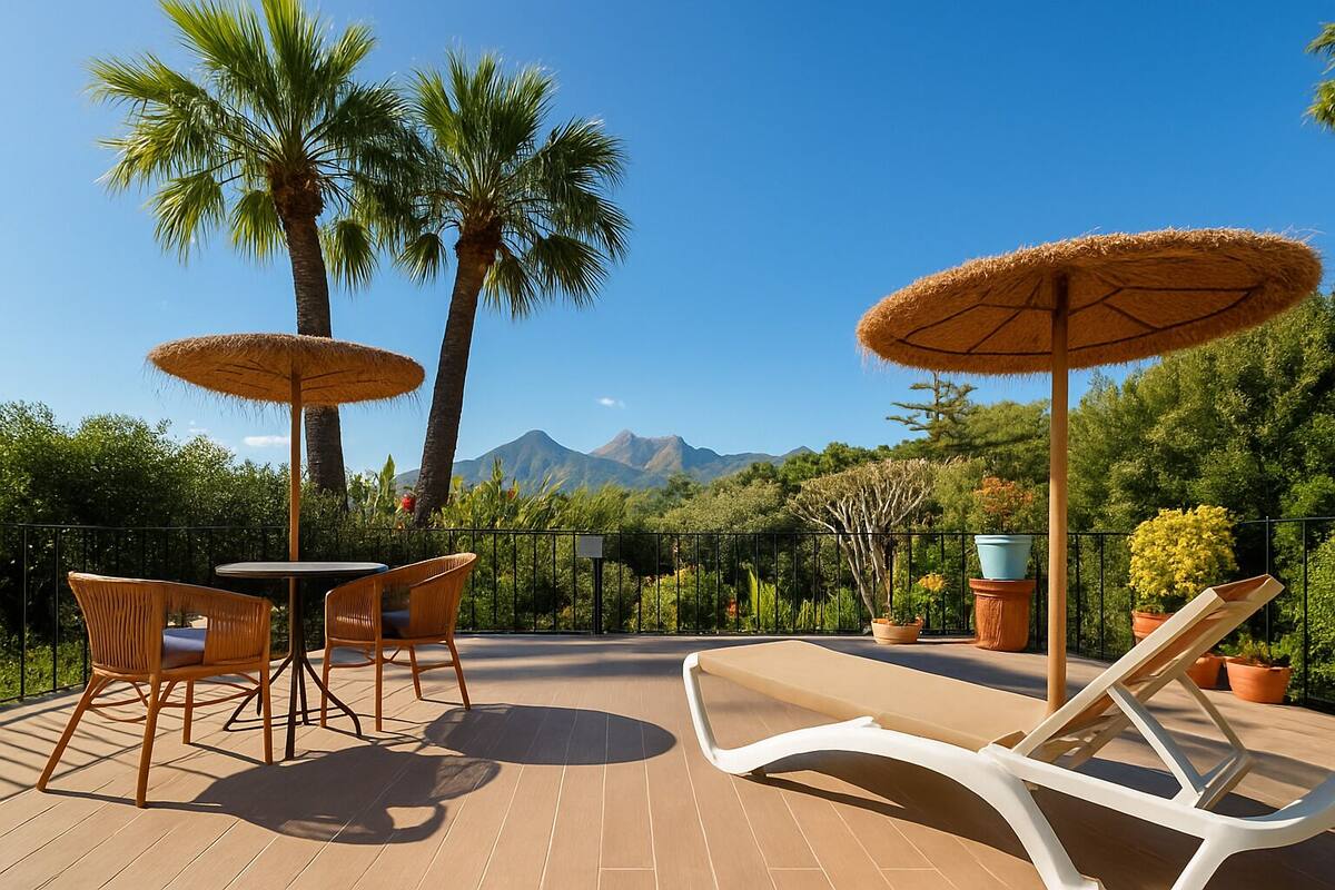 A patio with wicker chairs and tables, a white lounge chair, and a thatched umbrella.