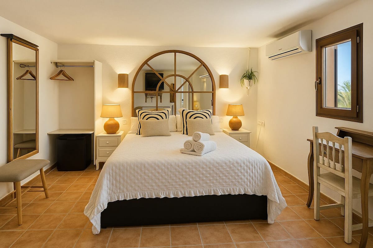 A neatly arranged bedroom with a large bed, bedside lamps, a mirror, and a wooden chair.
