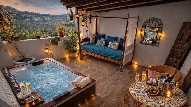 Un balcón con jacuzzi, una cama y una mesa con bebidas y una botella.