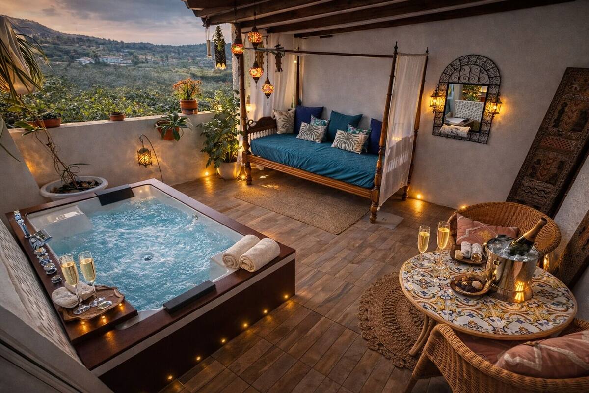 A balcony with a hot tub, a bed, and a table with drinks and a bottle.