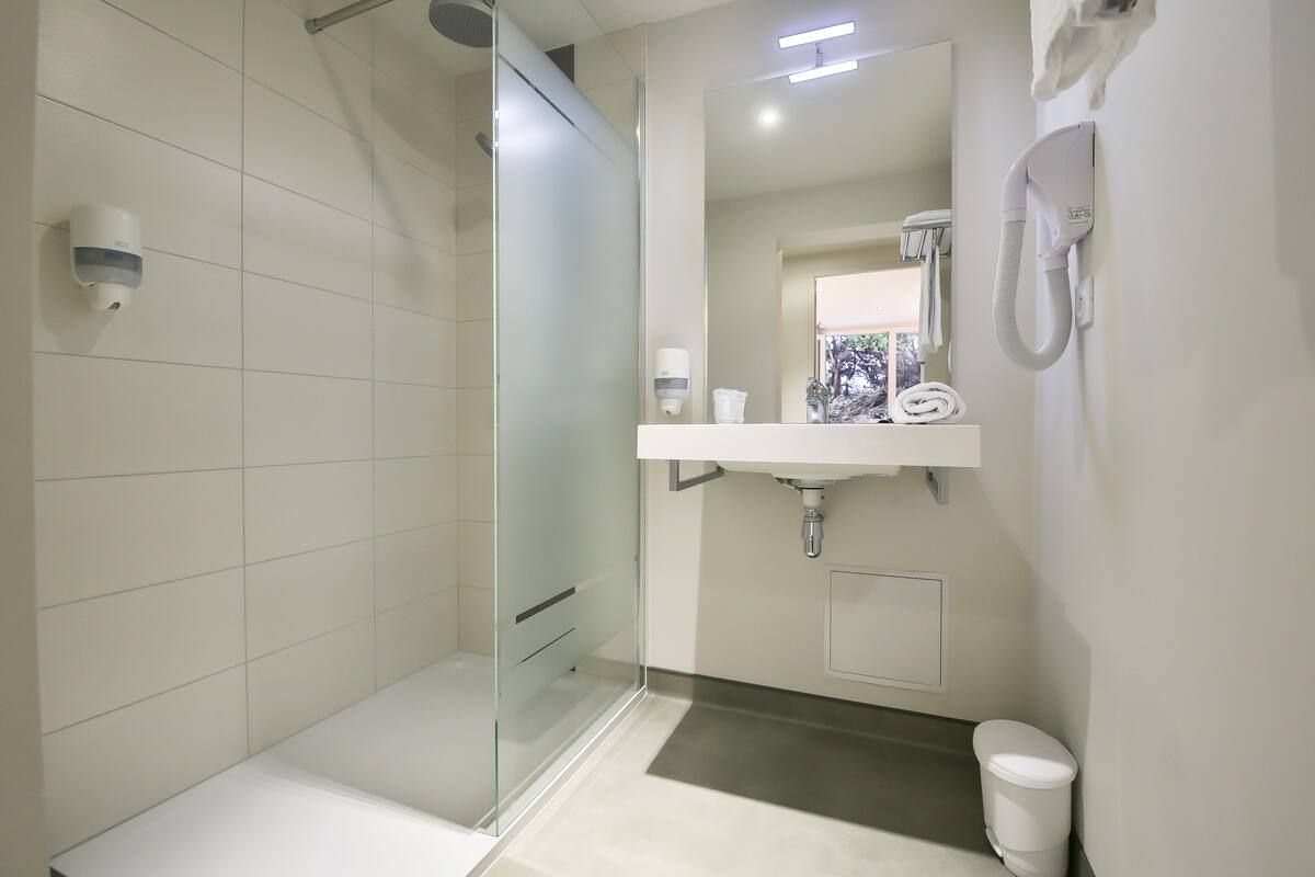 shower, free toiletries, hair dryer, towels