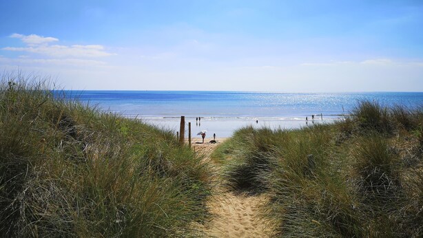 Een strandpad dat naar de zee leidt, met hoog gras aan weerszijden.