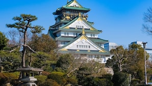 Un castillo japonés tradicional con varios niveles y detalles dorados, rodeado de abundante vegetación y un farol de piedra.