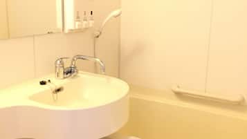 Combined shower/tub, hair dryer, slippers, electronic bidet