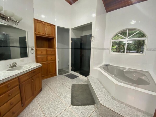 Un baño con un lavamanos grande, armarios de madera, una cabina de ducha de vidrio y una bañera.