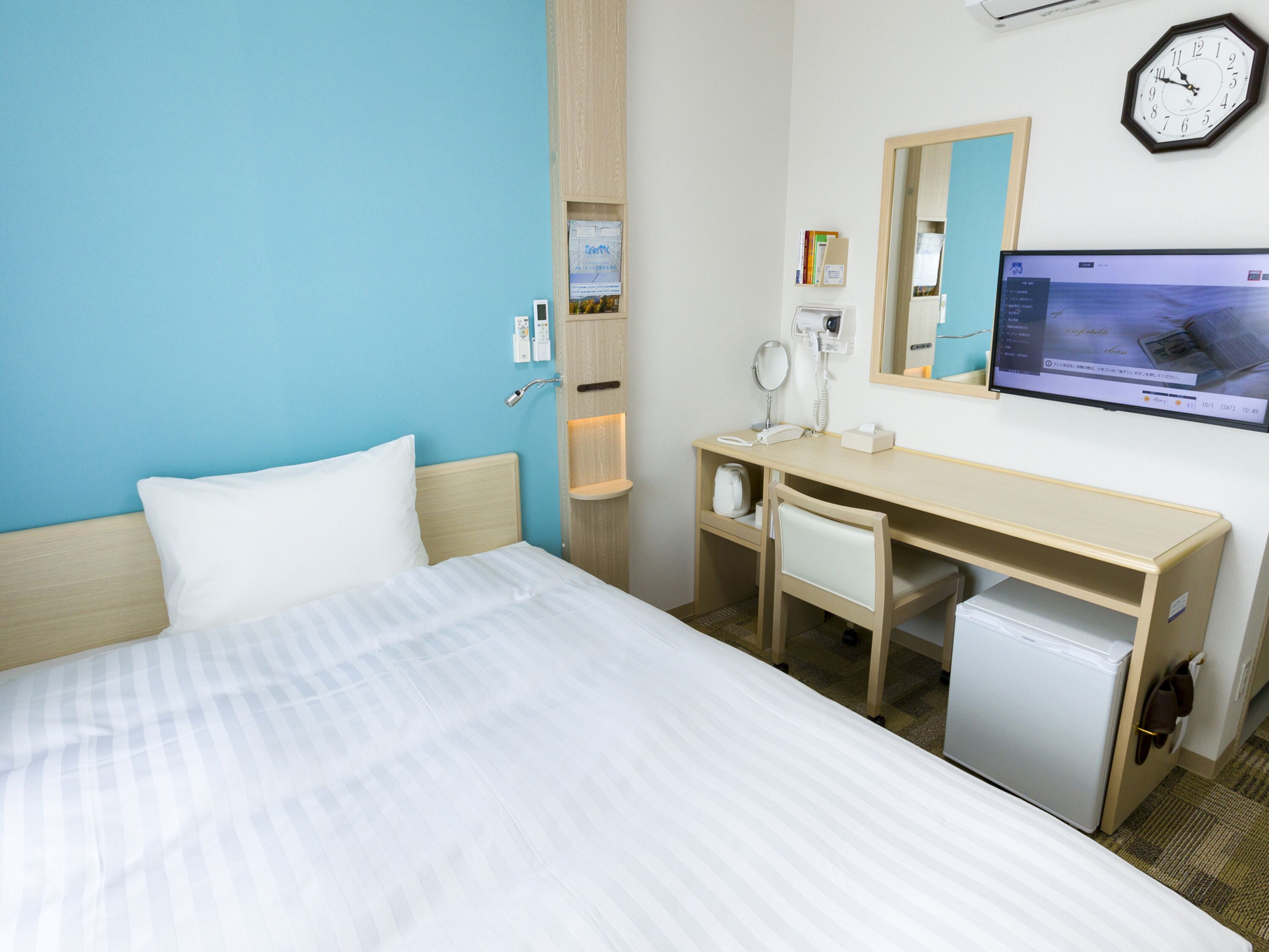 premium bedding, desk, blackout curtains, iron/ironing board