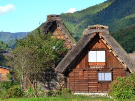 Una casa de madera tradicional con techo de paja, rodeada de abundante vegetación y colinas.