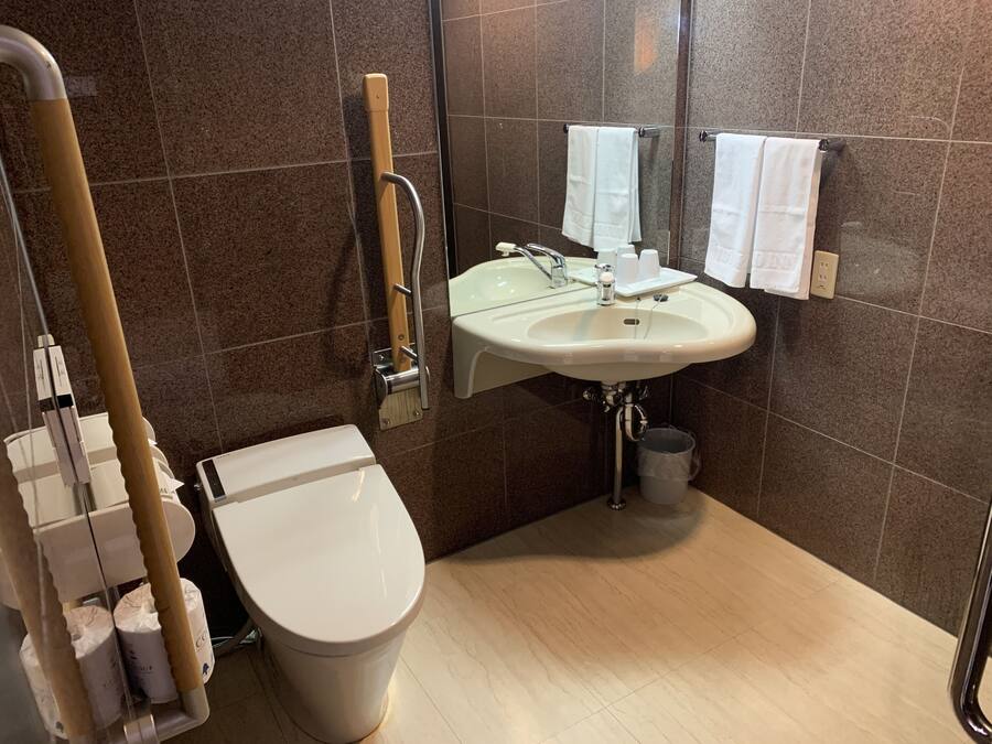 A modern bathroom with a toilet, sink, and handrail.
