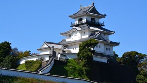 A traditional Japanese castle with multiple levels, a prominent central tower, and a surrounding moat.