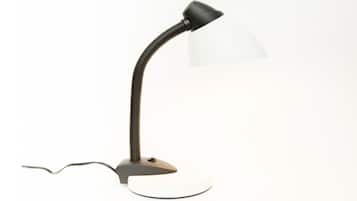 A desk lamp with a flexible neck and a white lampshade.