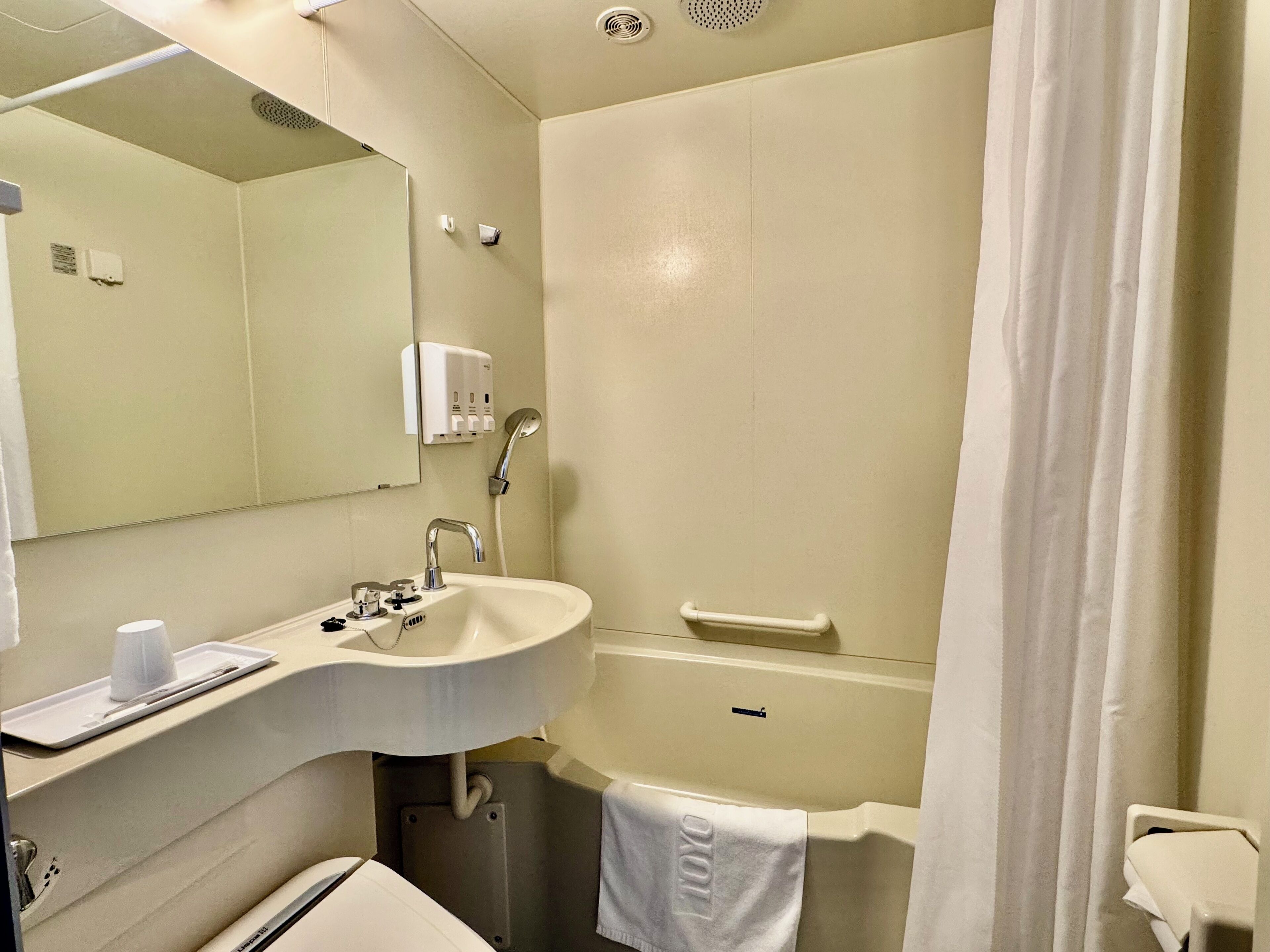 A bathroom with a sink, mirror, towel rack, and shower curtain.