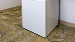 Ein kleiner, weißer Kühlschrank steht in einer Ecke des Raumes, dessen Teppich ein Muster aufweist.