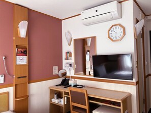 Desk, laptop workspace, blackout curtains, WiFi