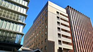 Un hotel de varios pisos con un diseño arquitectónico moderno, que presenta una combinación de fachadas de vidrio y ladrillo, y una estructura de techo plano.